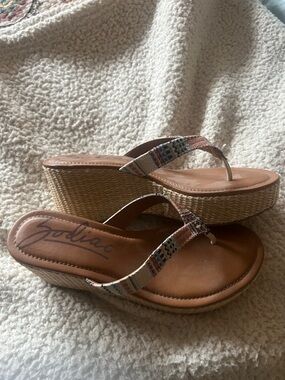 Zodiac Tan Wedge Sandals with Multicolor Patterned Straps